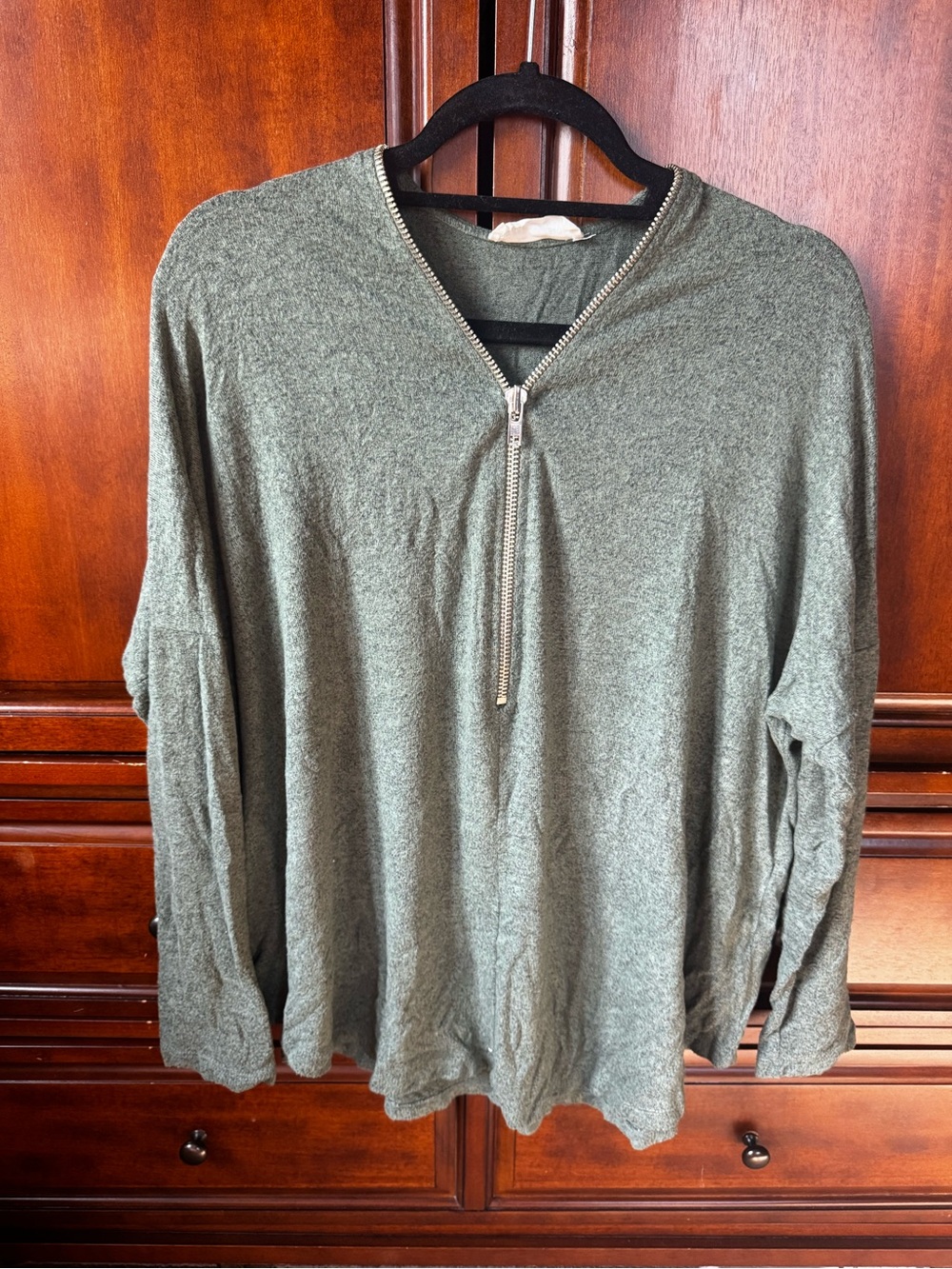 Women’s Olive Green Long-Sleeve Zip-Neck Top